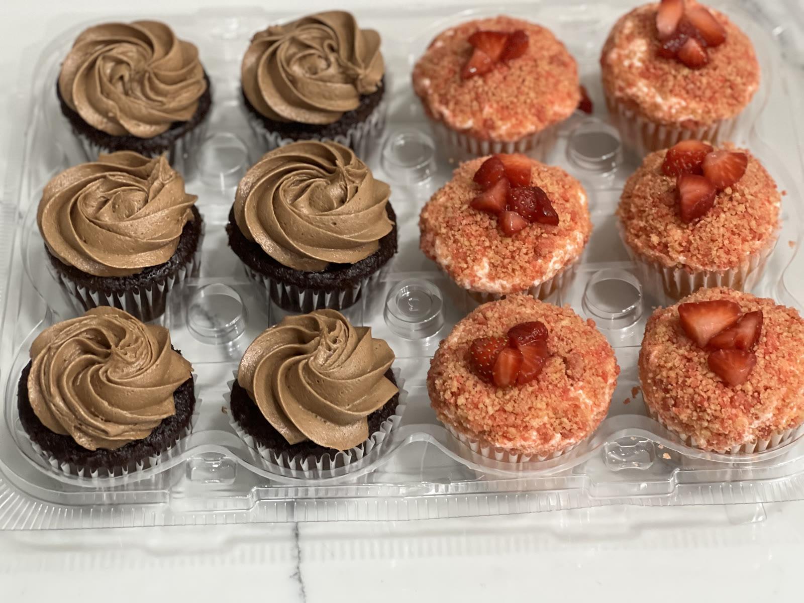 Chocolate mocha cupcakes and strawberry crunch cupcakes with fresh strawberries